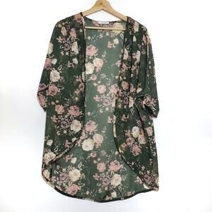 Kimono in Forest Green Floral Print with Half Sleeves and Open Front Semi-Sheer